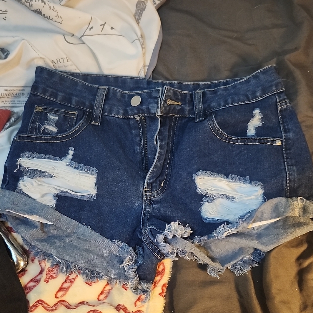 SHEIN Blue Distressed Jean Shorts with Frayed Hem